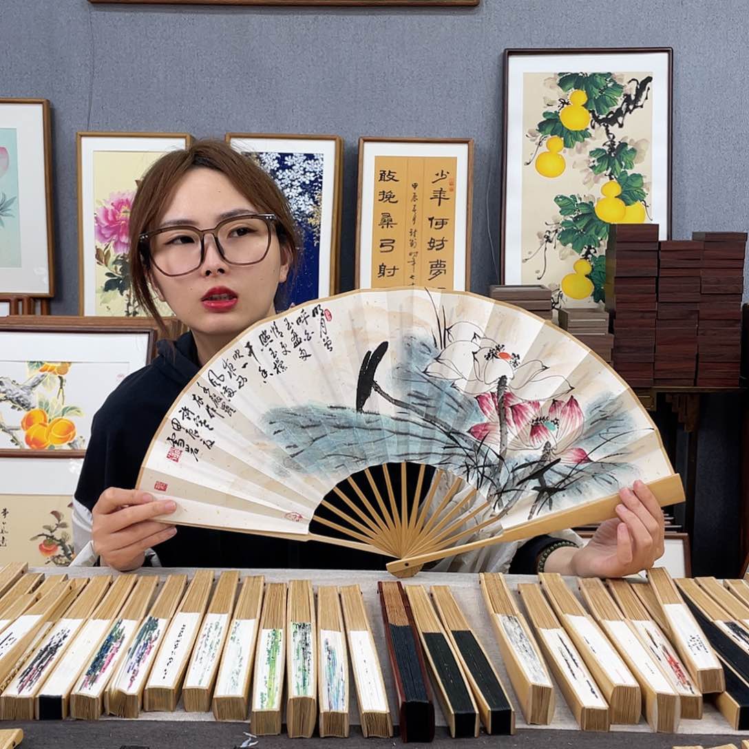 国画10寸玉竹-纯手绘-文玩扇骨（默认粘好）