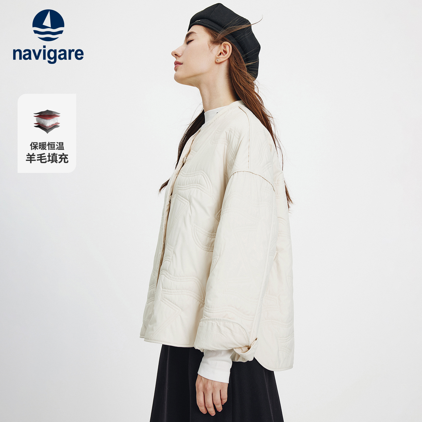 Navigare意大利小帆船纯羊毛填充棉衣女宽松保暖棉服文艺风外套