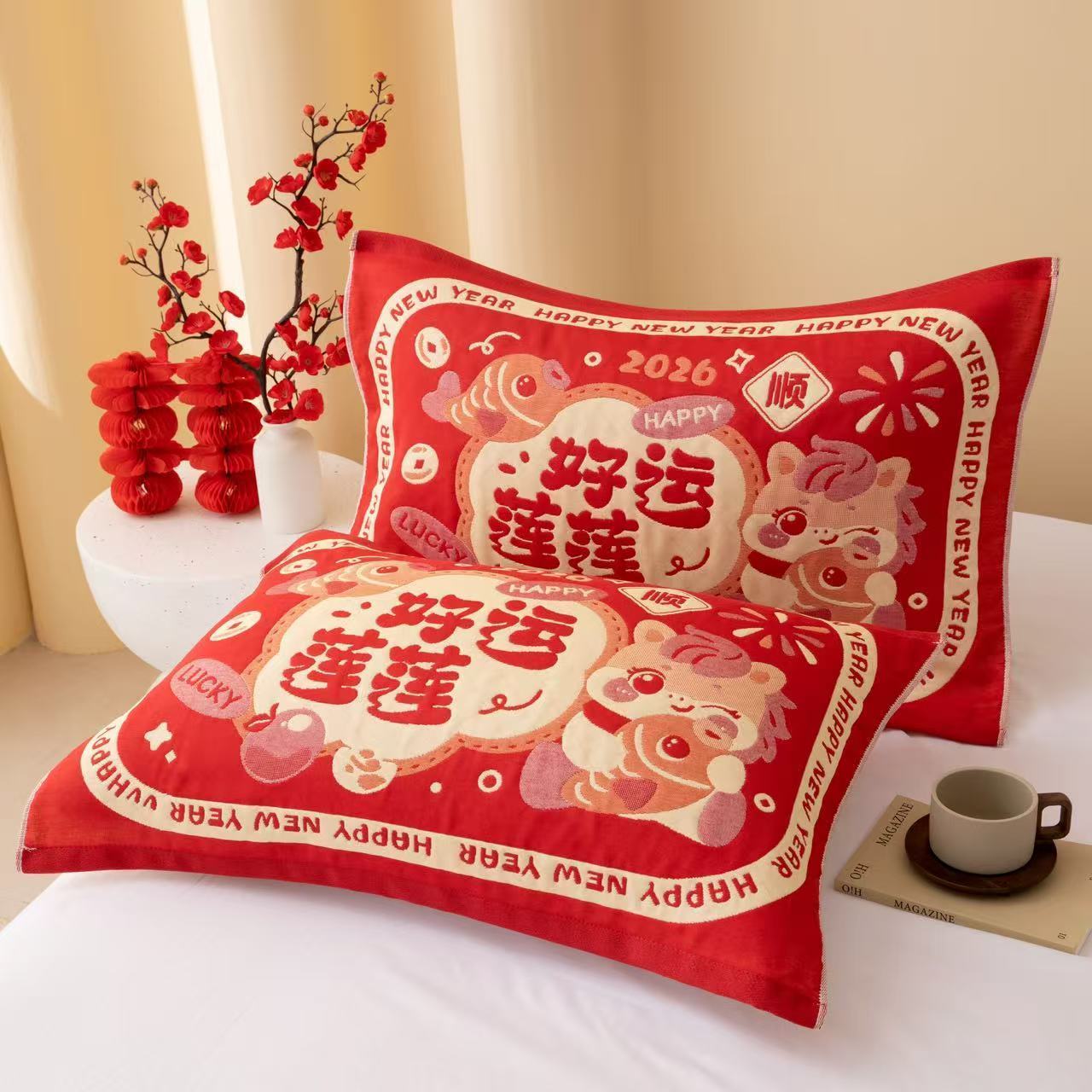 加厚纱布枕巾一对装2026新年款喜庆枕巾马年防滑加大枕头盖巾