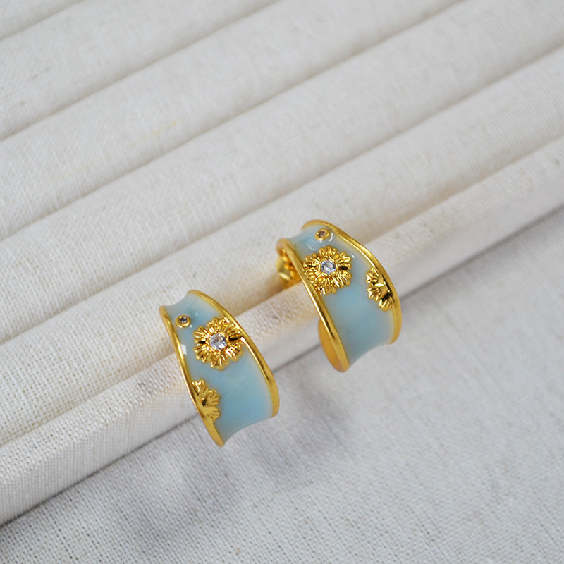 法式小众文艺复古不规则C字圈手工珐琅花朵锆石925银针耳钉耳饰女