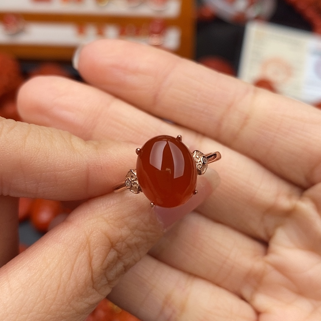南红玛瑙云南保山冰红戒指银S925镶嵌