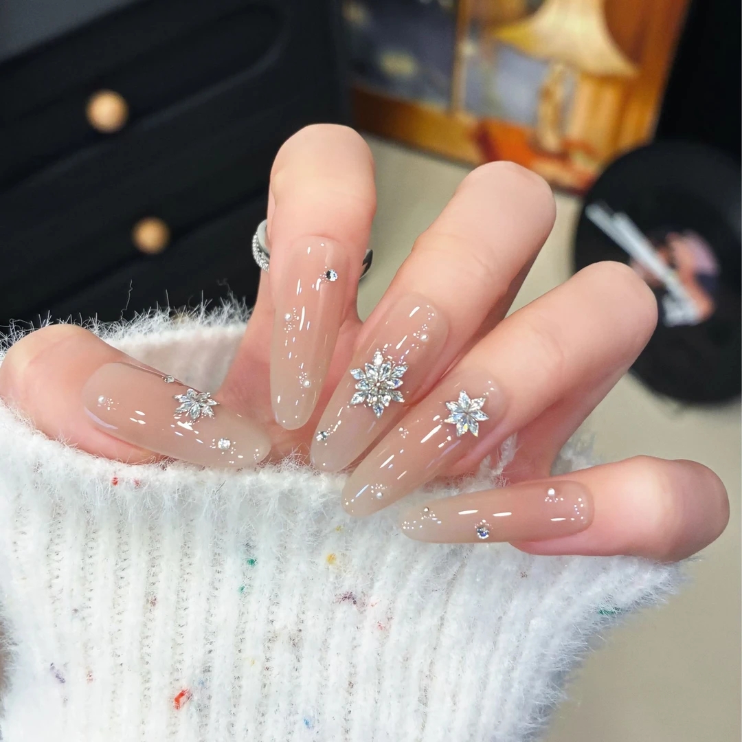 【雪寂】雪花锆石拼钻美甲穿戴甲片中长款裸色显白美甲贴片秋冬新款