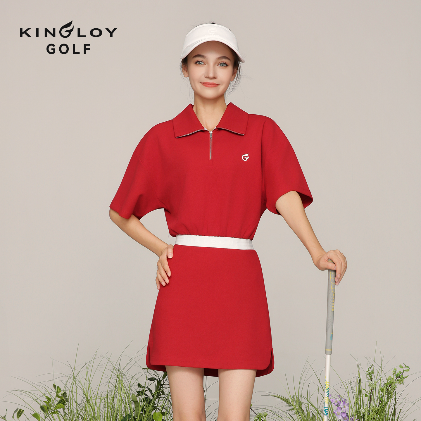  KINGLOY高尔夫女装2025秋季新款红色连衣裙收腰显瘦运动裙子套装