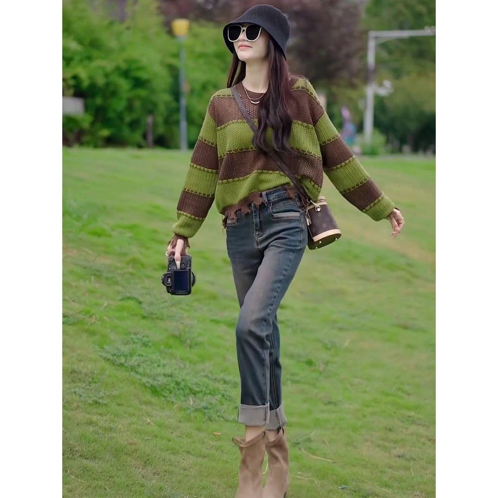 D326299秋季外穿流苏毛衣女复古条纹针织衫镂空破洞上衣