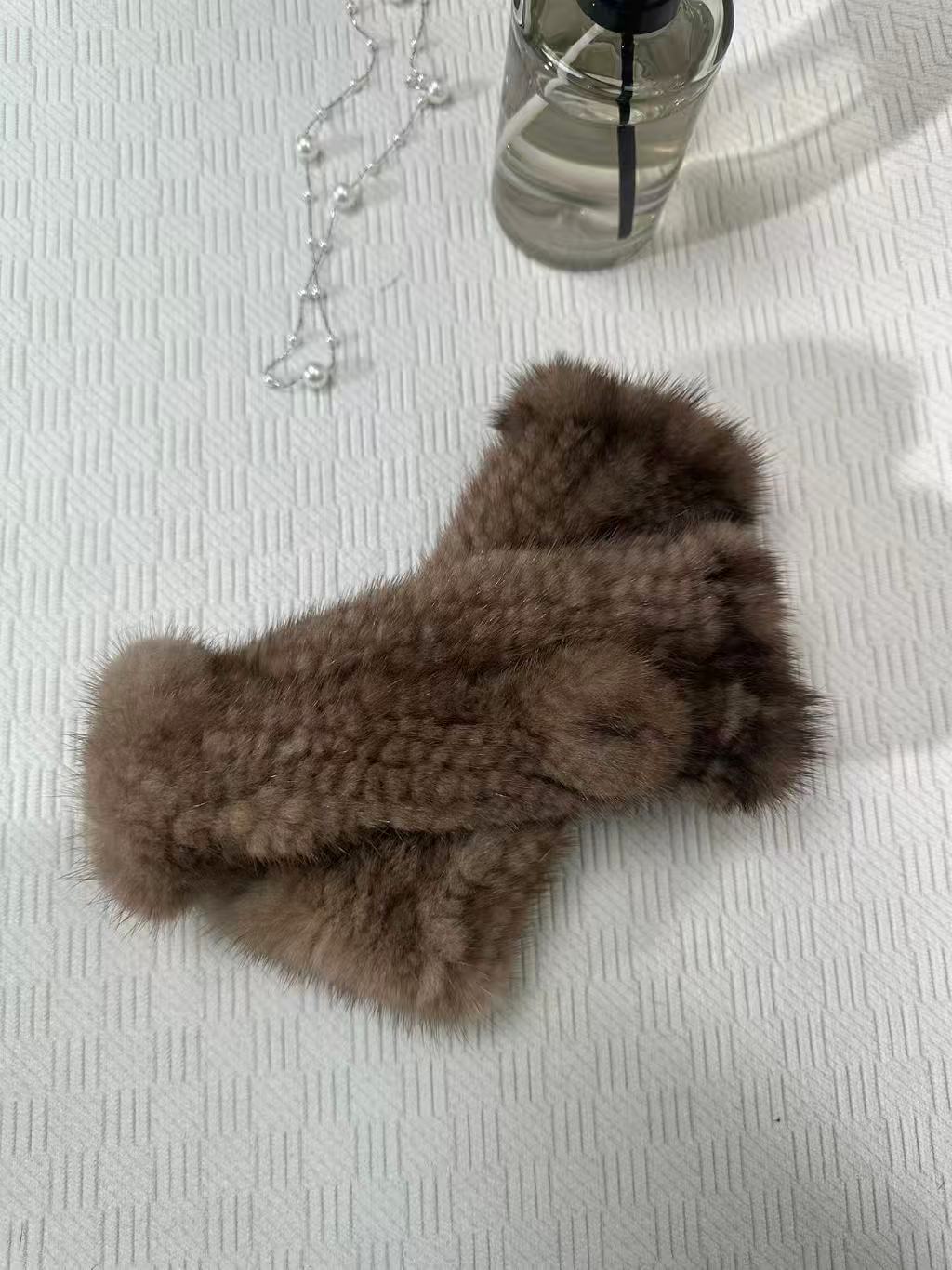 进口水貂毛手套女士冬季手工编织半指手套保暖时尚百搭