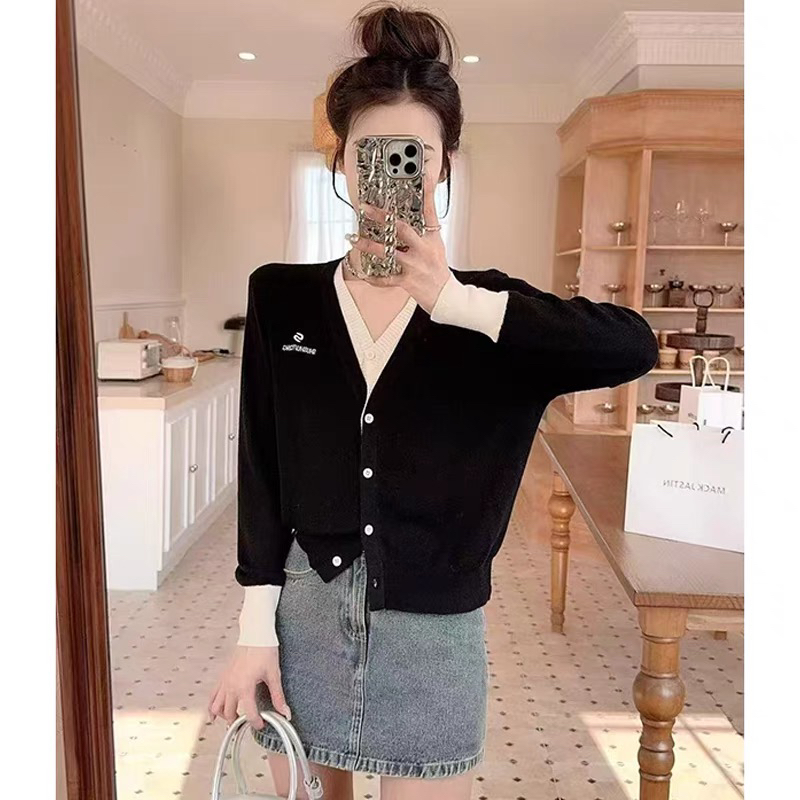 WTT-7372 2025羊毛新款时尚条纹刺绣罗纹开衫法式假两件洋气上衣