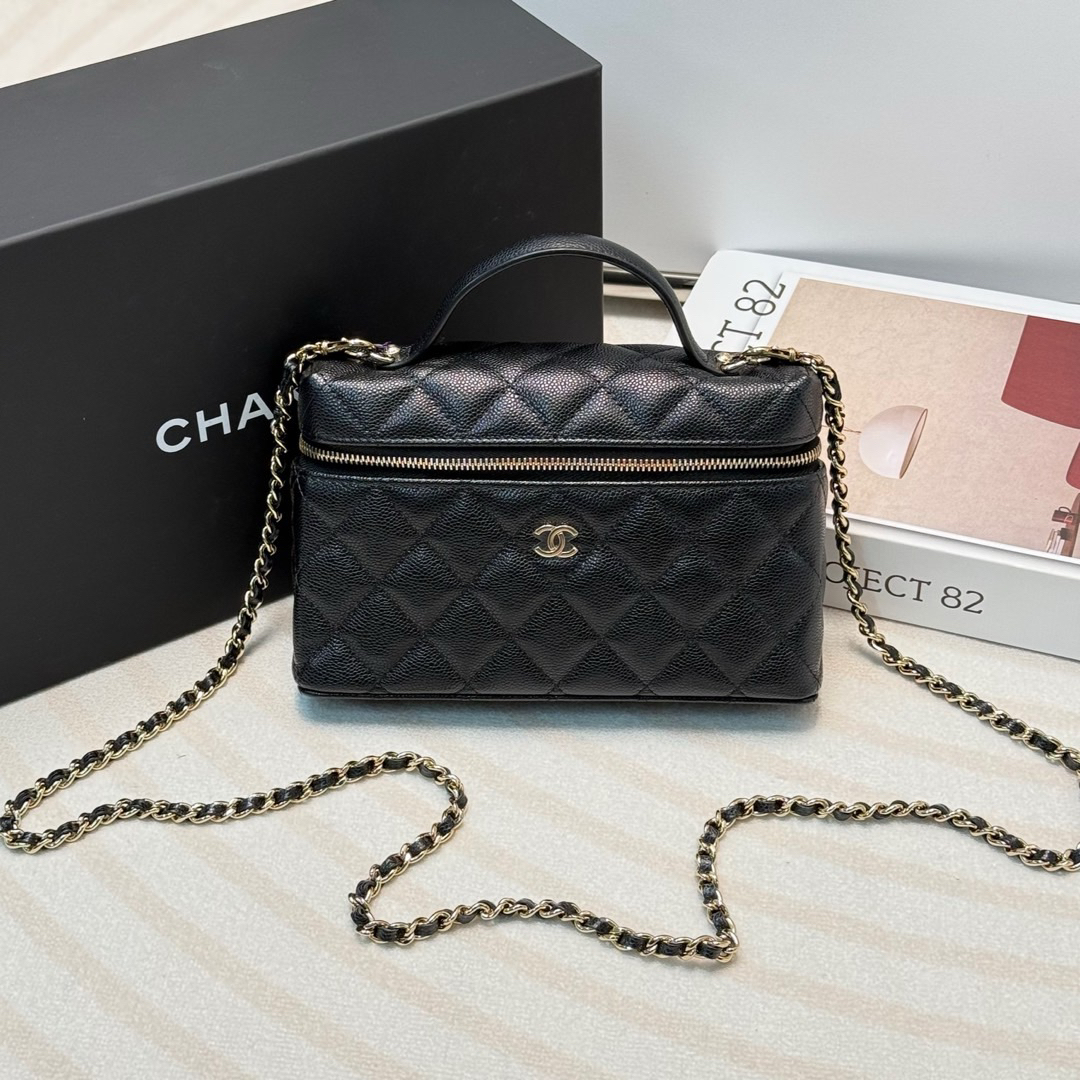 95新 Chanel/香奈儿 黑金 荔枝纹牛皮 25C饭盒包/605147869