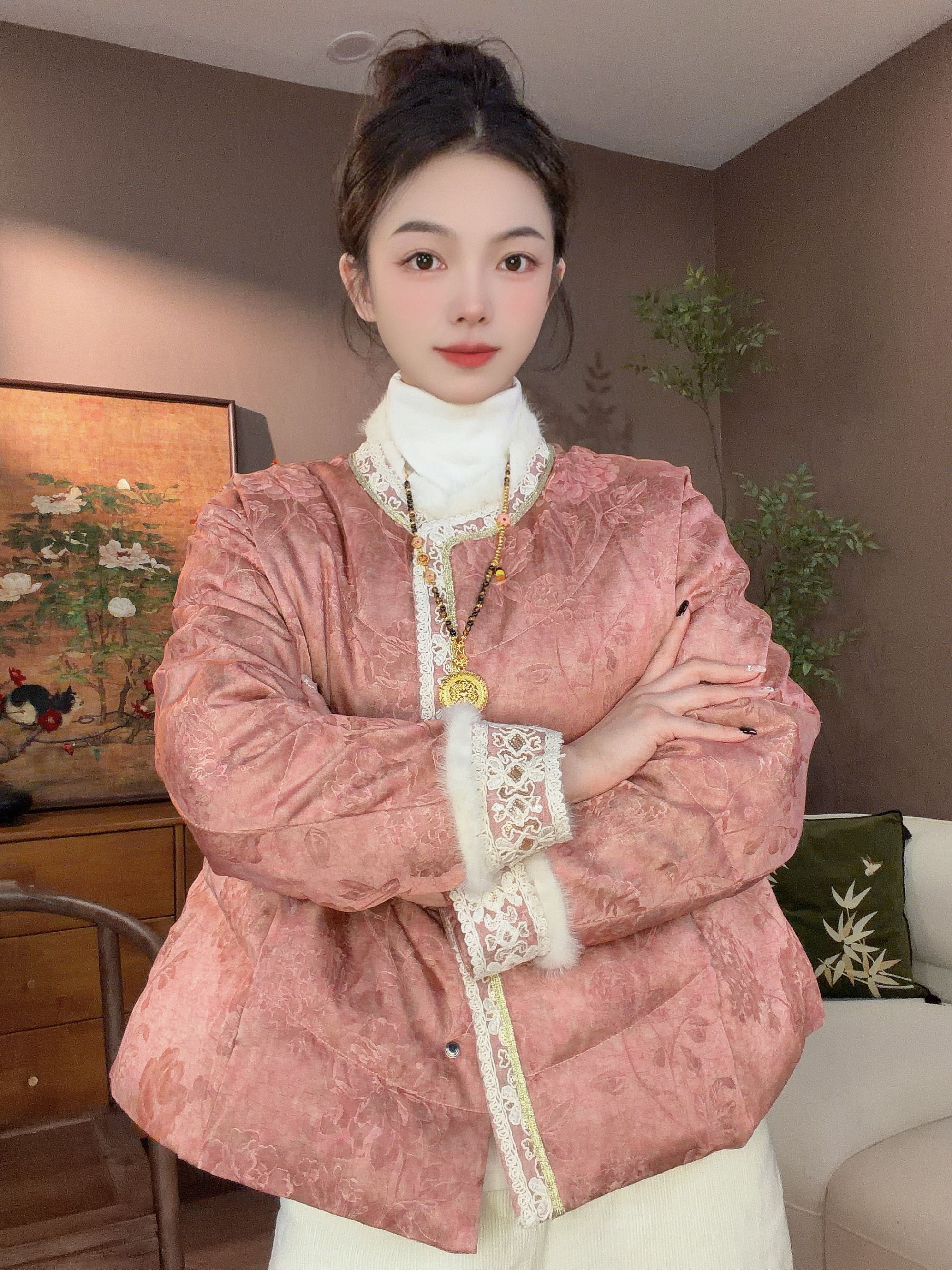 《ZUOMAN》Z1106烟雨海棠 新中式人丝刺绣拼水貂毛气质白鸭绒羽绒服