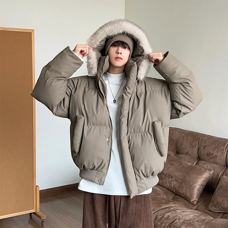 pu皮棉服男2025冬季新款可拆卸毛领棉衣外套加厚保暖宽松短款棉袄