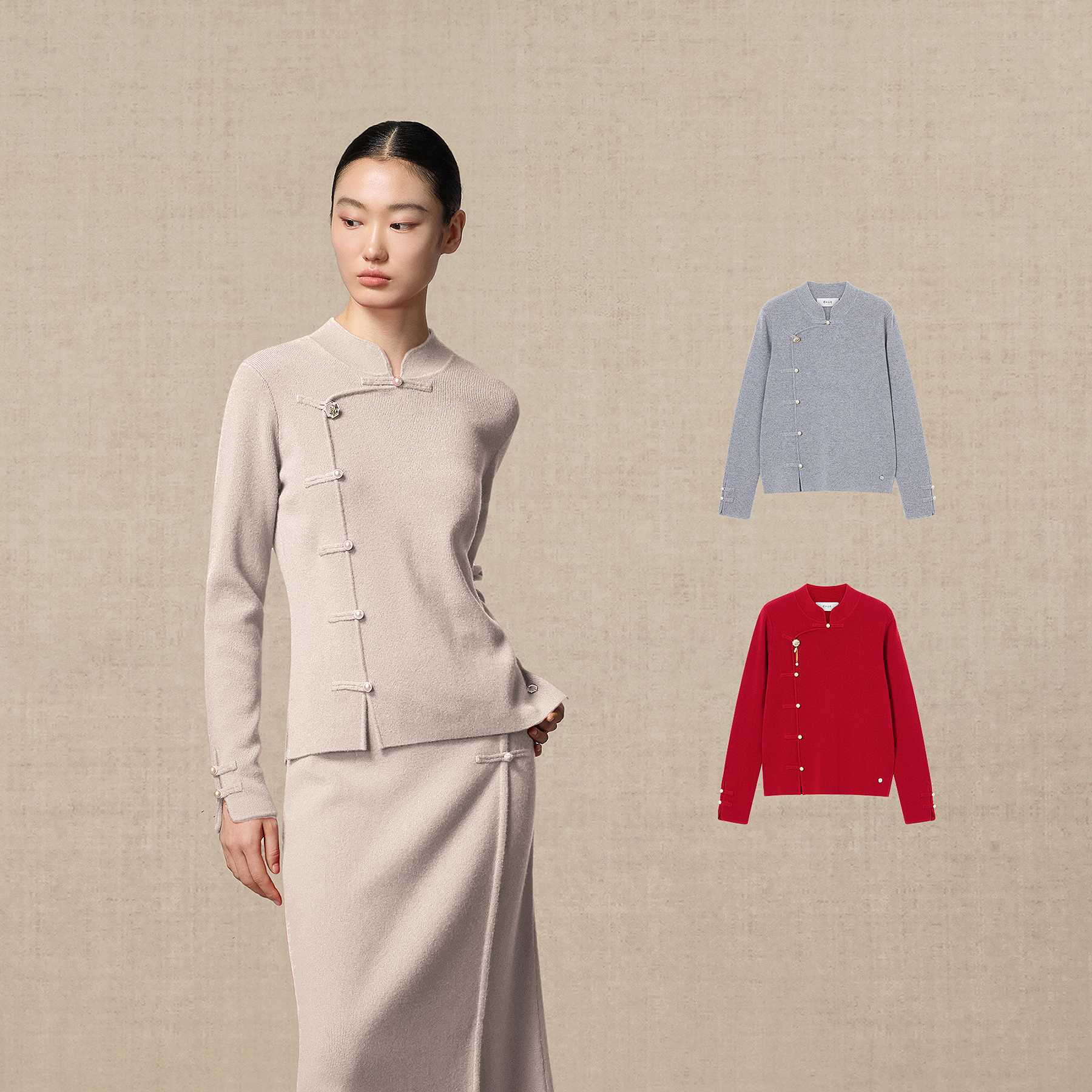 鄂尔多斯1980 纯羊绒立领新中式仿珍珠扣女装简约羊绒衫秋冬