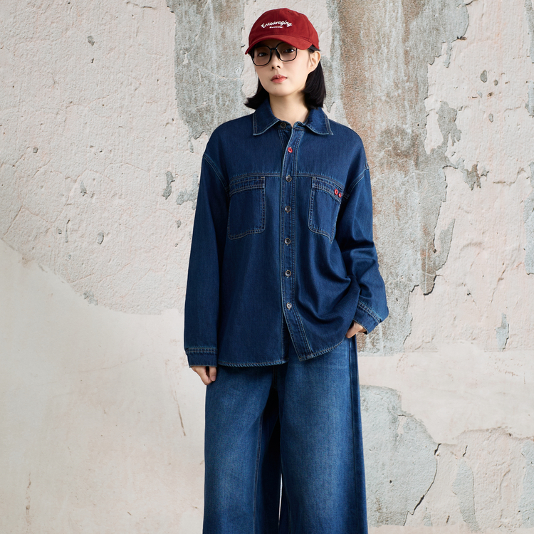 西町村屋复古风衬衫女装2025冬季新款宽松牛仔长袖衬衣XHAD10801
