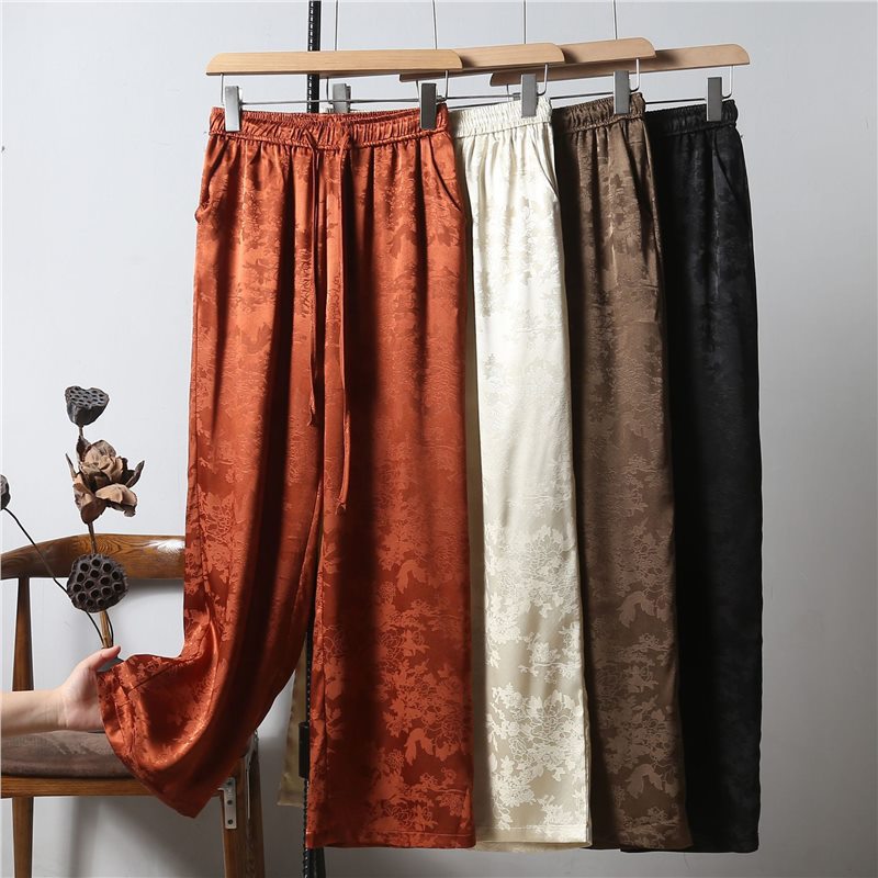 新中式提花高腰阔腿裤中国风春夏女长裤松紧腰休闲垂感九分裤子薄