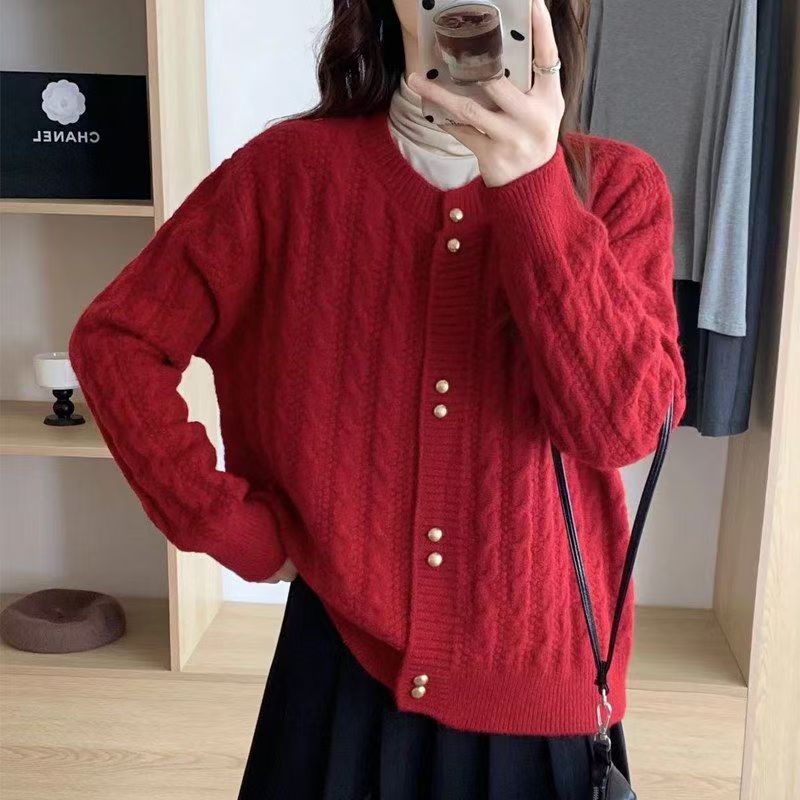 复古设计感小铜扣针织毛衣外套女秋冬新款上衣麻花开衫宽松