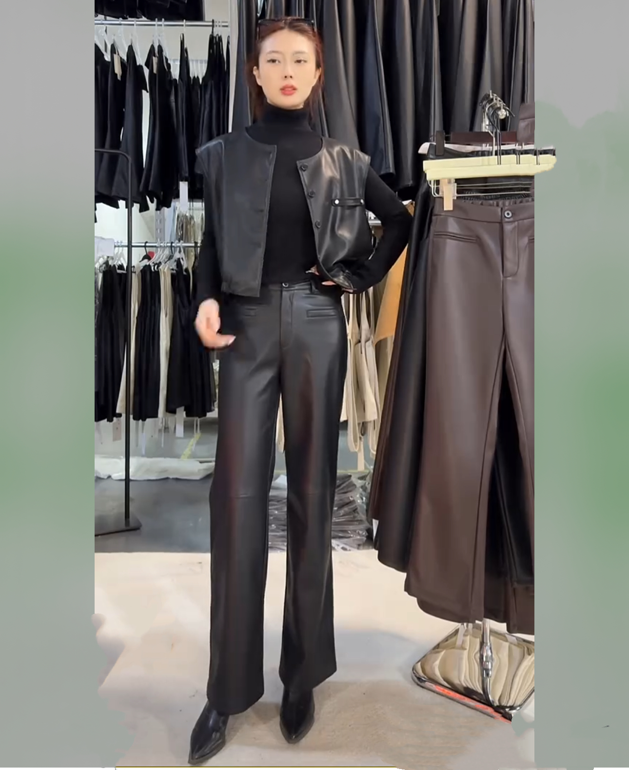 【海宁正品】窄版拖地裤>新款紧身修身烟管裤束腿裤长皮裤九分女裤