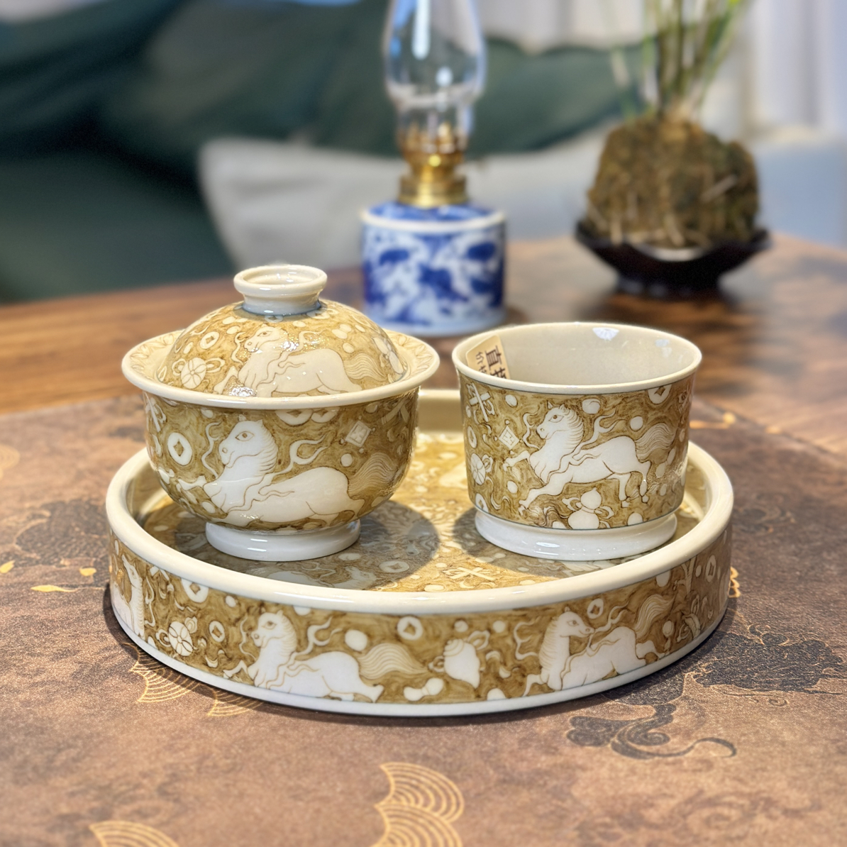 景德镇立勤堂手工手绘釉里金马上有钱盖碗壶承主人杯高档陶瓷茶具