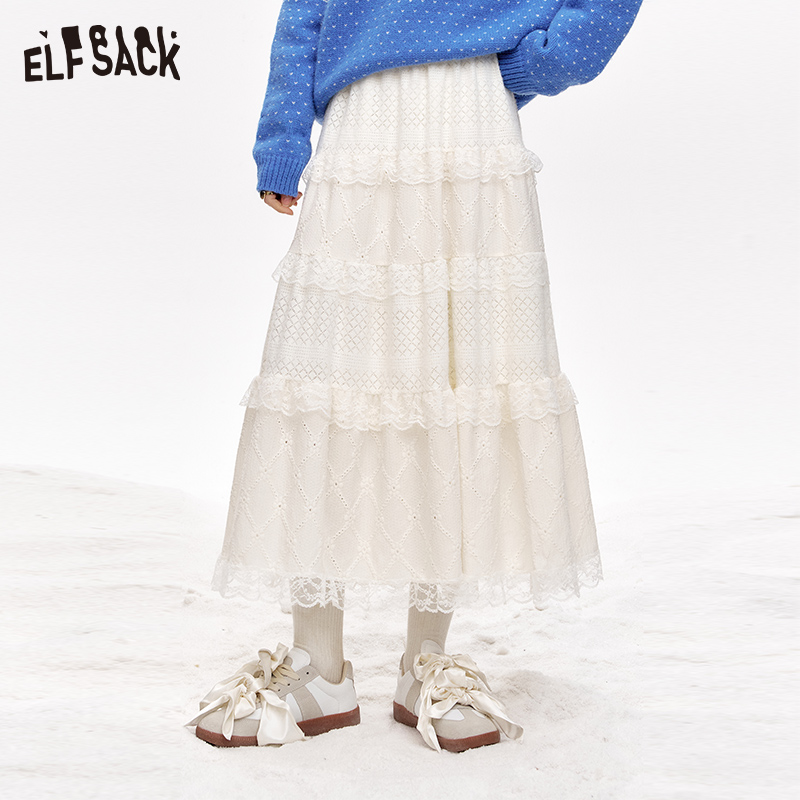 妖精的口袋 蕾丝恋爱了 白色蕾丝半身裙2025冬季新款设计感百搭
