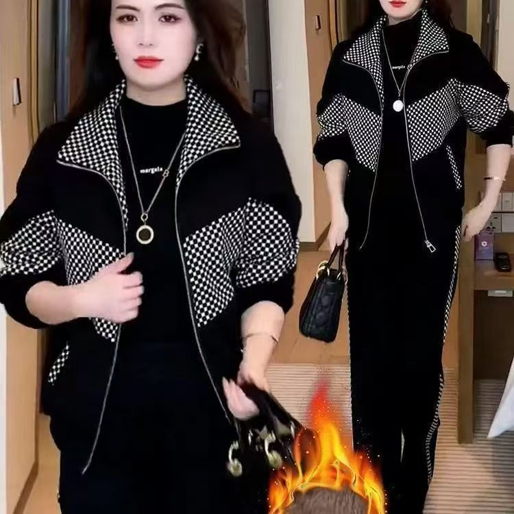 2025秋冬新款休闲减龄加绒加厚高档洋气套装女拼接格子外套两件套