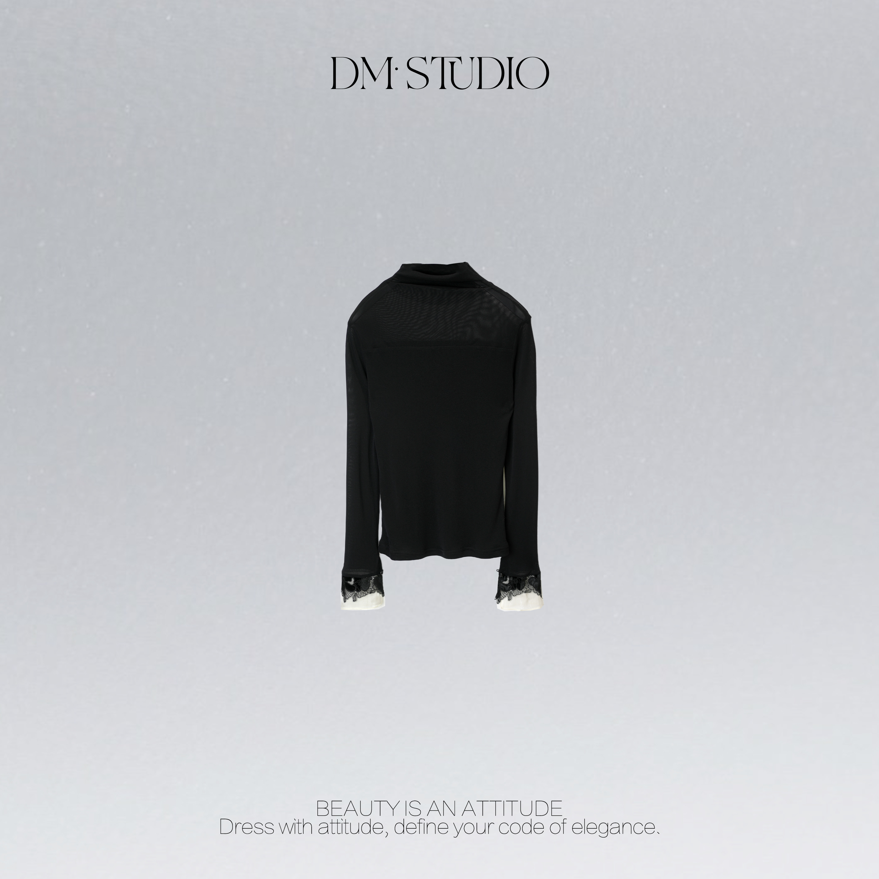 DEDM•STUDIOM精致减龄显瘦半高领蕾丝喇叭袖打底上衣2509TX/72075