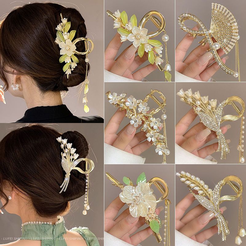 高级流苏发夹新款复古风后脑勺发卡大号古风盘发鲨鱼头发夹子头饰