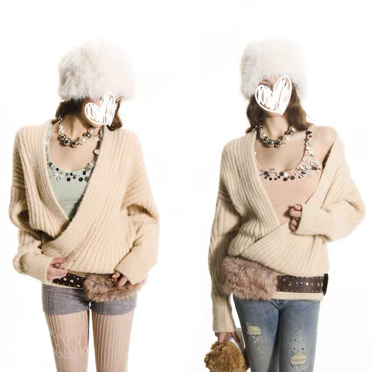 秋冬复古松弛感遮肉保暖交叉深U荡领毛衣亮片刺绣显瘦背心两件套