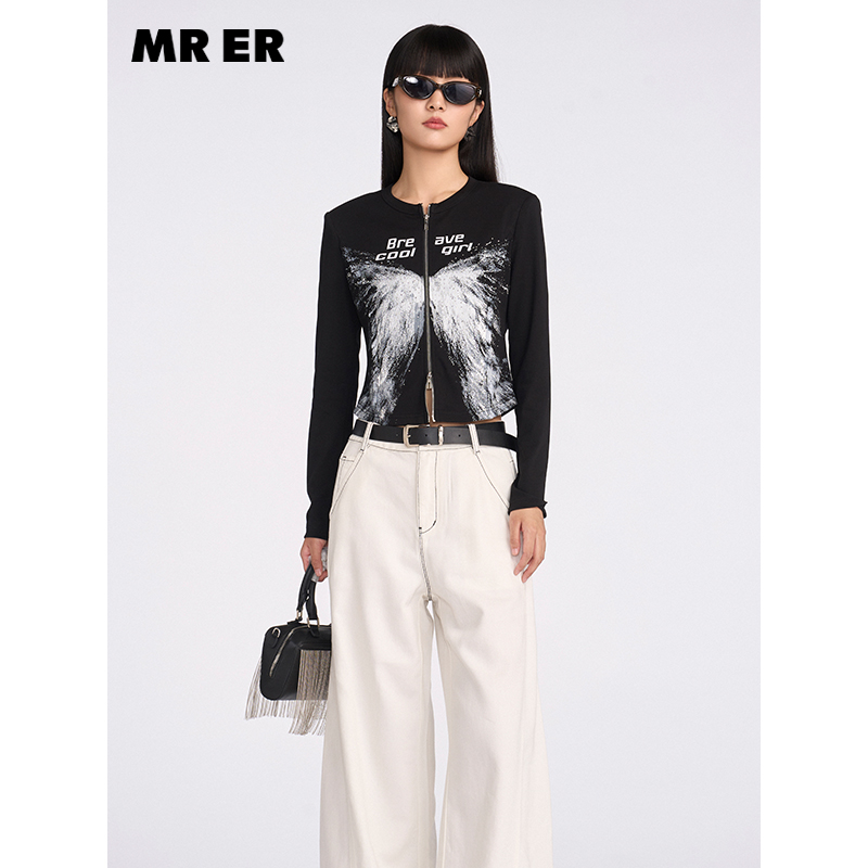 【达人专属】休闲百搭双拉链修身蝴蝶印花长袖T恤上衣R5A83463