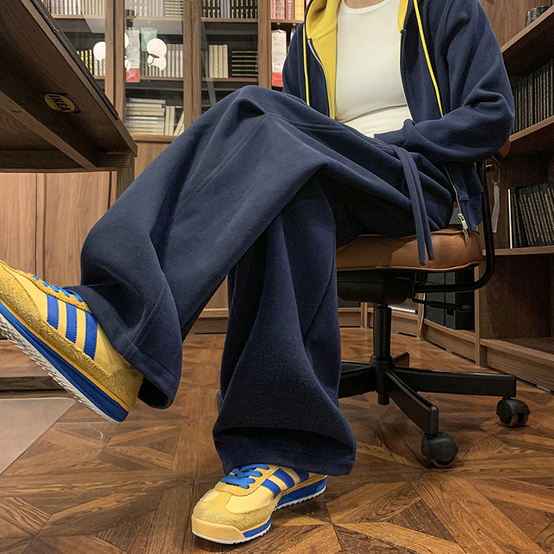 藏青色裤子美式重磅褶皱卫裤男秋冬加绒潮牌宽松休闲直筒阔腿长裤