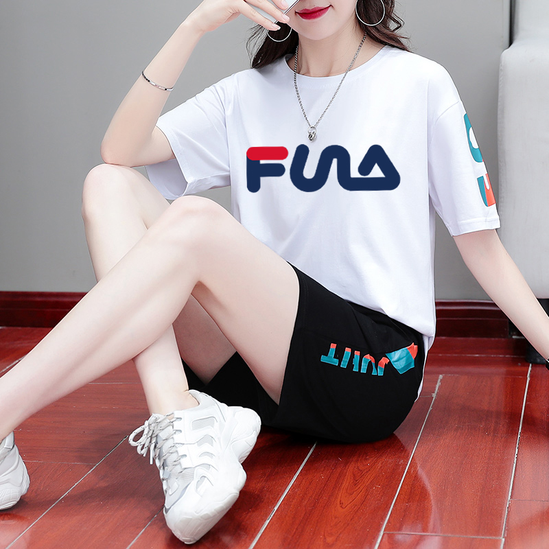 裴乐旗舰正品官方Fila2025时尚印花短袖T恤女套装宽松短裤运动