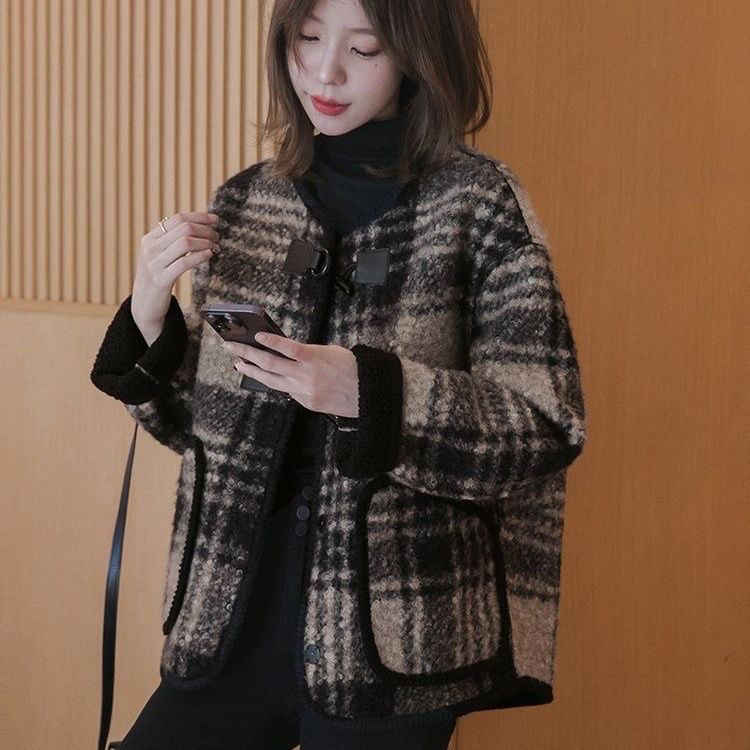 格子撞色气质仿羊羔毛加绒外套女秋冬季新款韩版宽松显瘦大衣潮