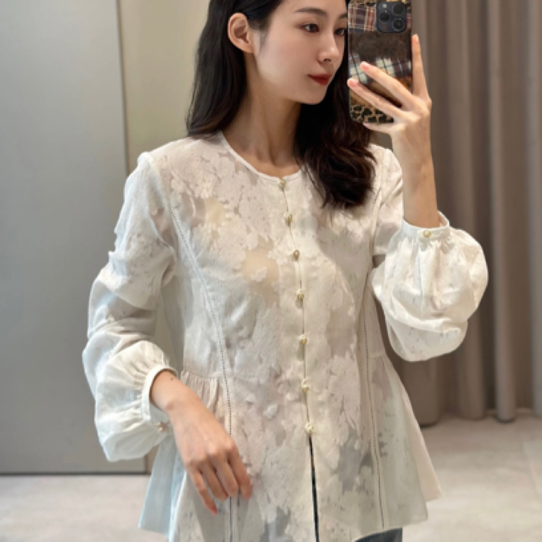 【丹丹】优雅气质桑蚕丝法式设计感烧花通勤白色衬衫 Y2569