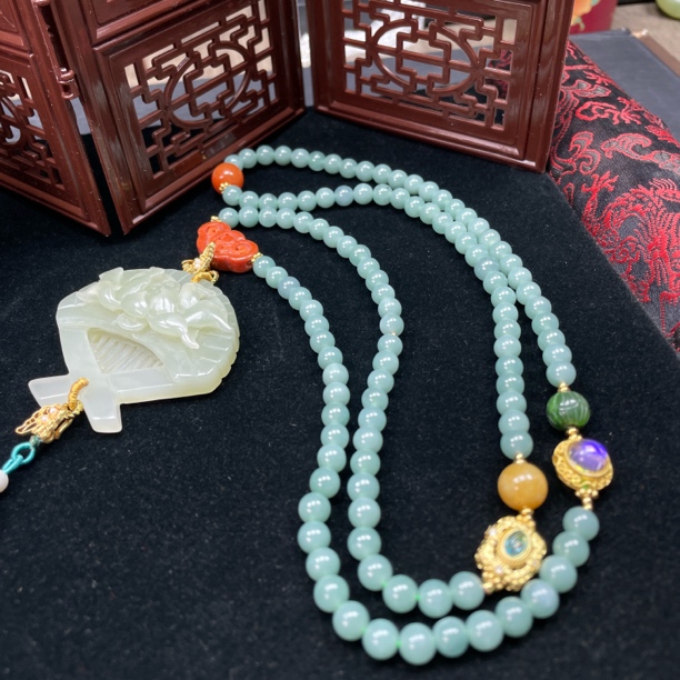 和田玉设计款108粒配饰古风女款长链