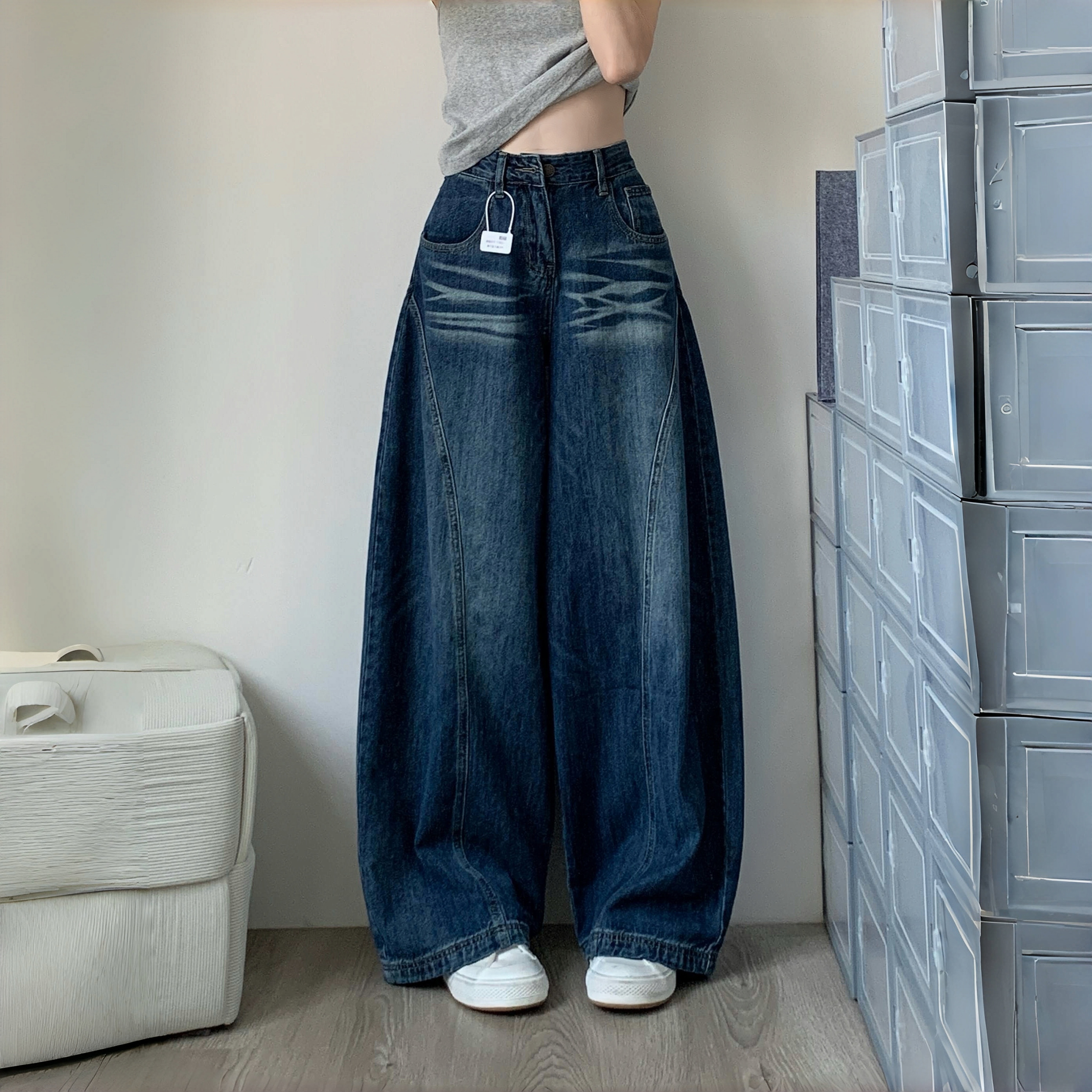 复古蓝弯刀牛仔裤女秋季新款立体裁剪廓形阔腿裤镰刀裤垂感拖地裤