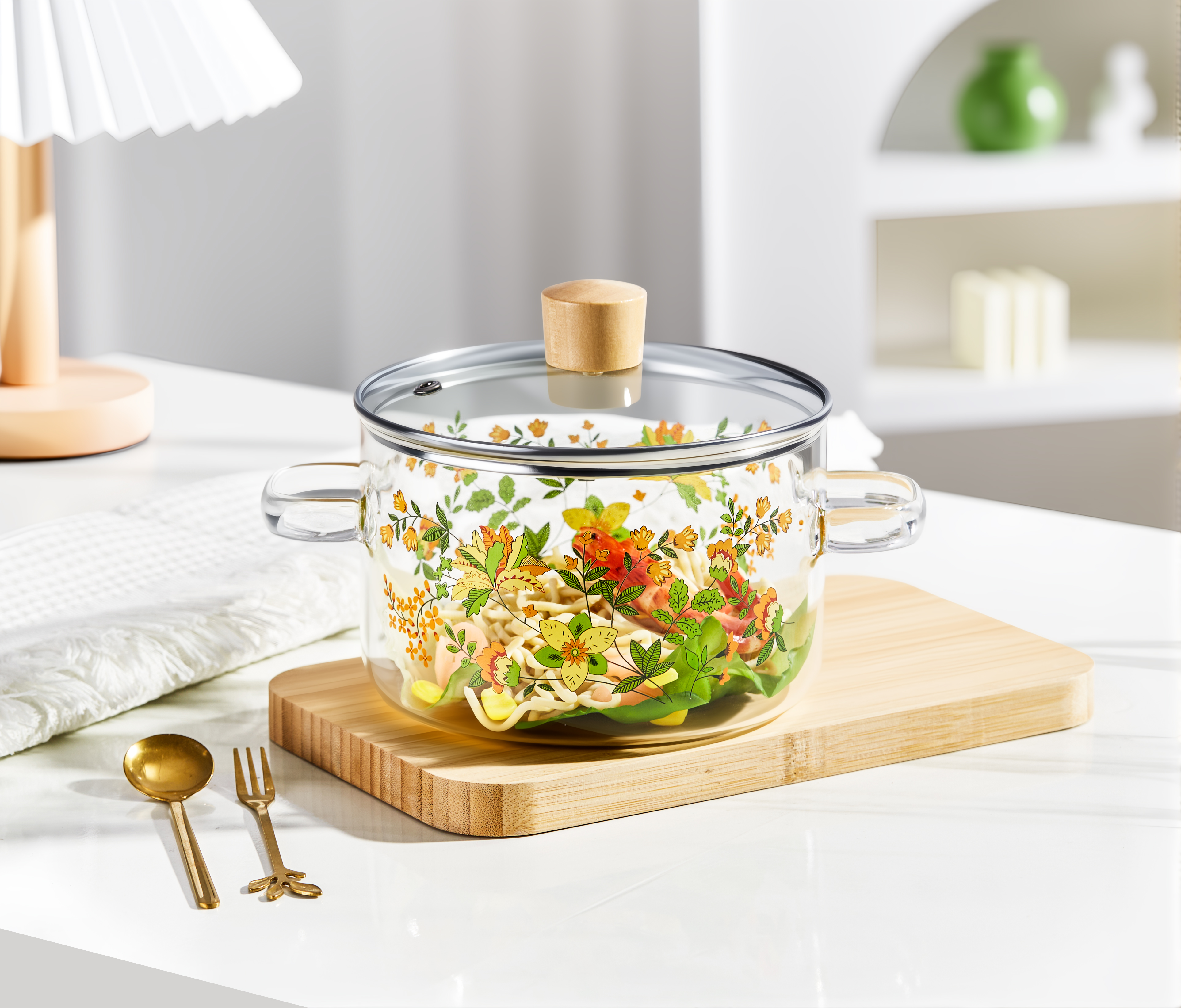 家用绿花高硼硅带盖双耳玻璃锅创意炖汤锅煤气明火电陶炉奶锅专用