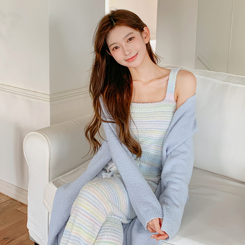 半边绒睡衣女冬季新款时尚三件套长袖加绒加厚保暖家居服套装