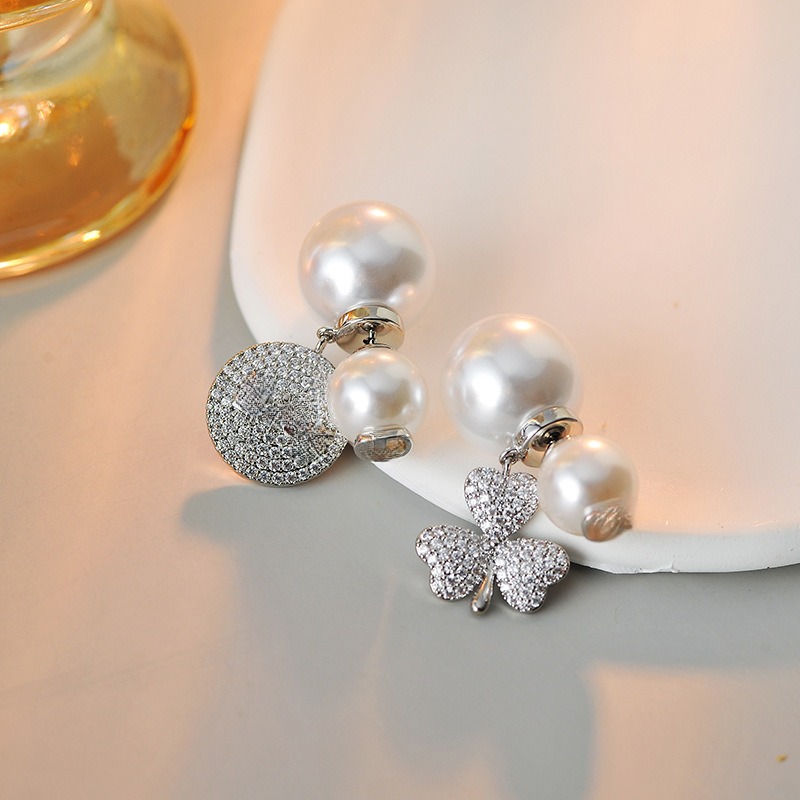 合金耳饰 合金耳饰115号复古镶满钻字母圆形三叶草时尚简约耳环