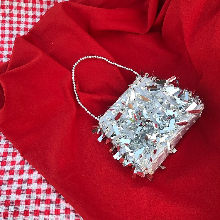 原创复古银色亮片流苏时尚镶钻vintage纯手工春夏款仙女包包小包3