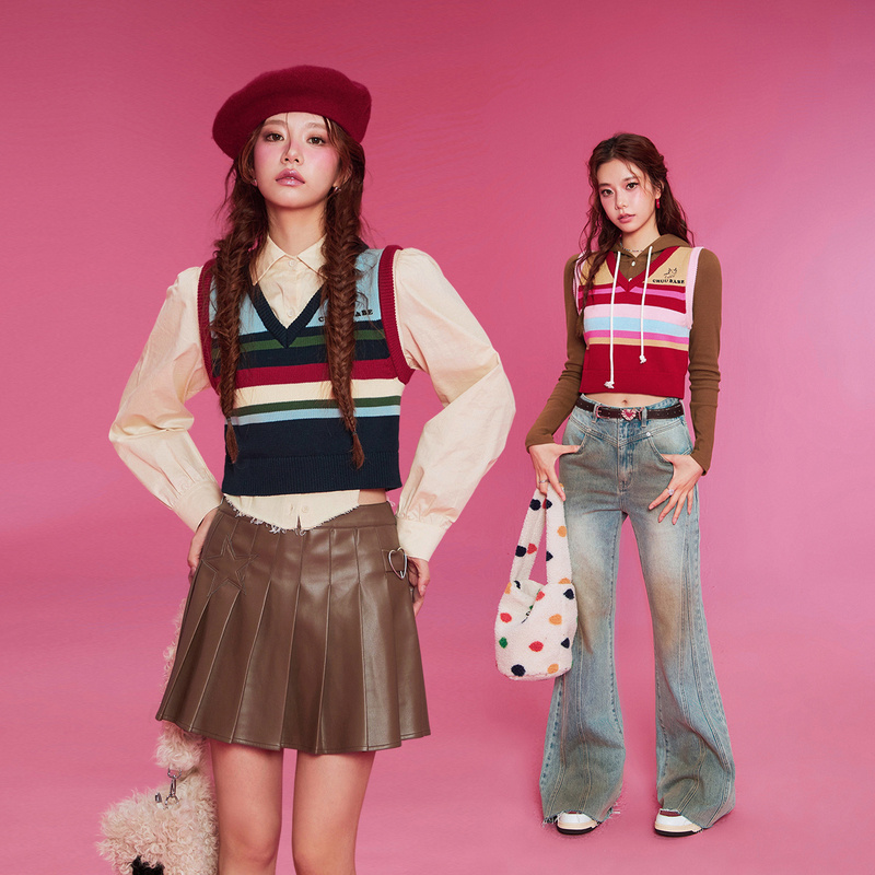 【达人专属】CHUU条纹学院风萌龙刺绣字母设计显瘦个性百搭马甲-Q