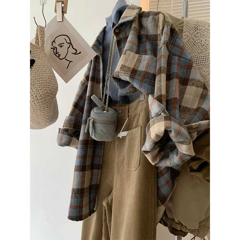 韩系高级感撞色格子纹休闲衬衫女宽松洋气上衣ins秋冬季翻领衬衣