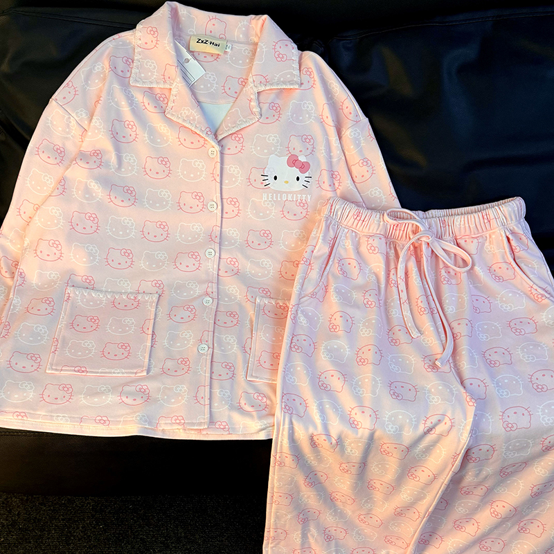 侘町2024年新款少女粉kitty德绒长袖睡衣女卡通少女款休闲家居服