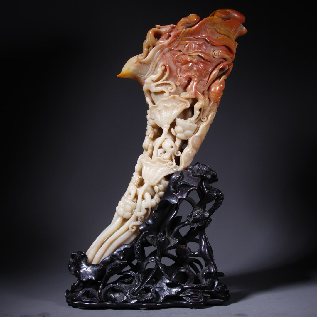 （山不在高）旧藏 文房雅器 寿山田黄石螭龙戏荷叶杯摆件 Q琴 88079