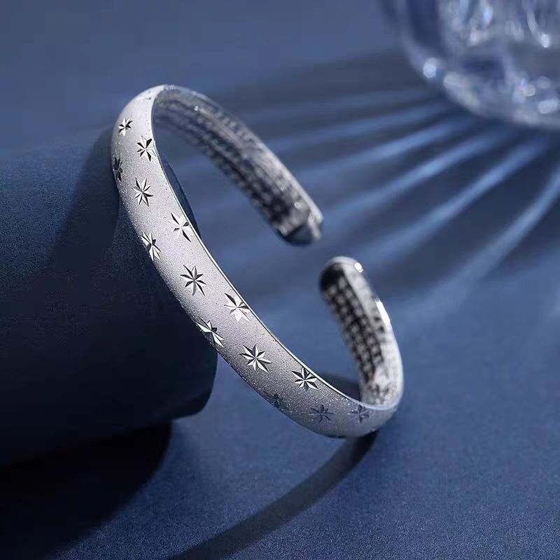 足银手镯 999.9满天星时尚百搭开口磨砂饰品实心年轻款可调节手镯