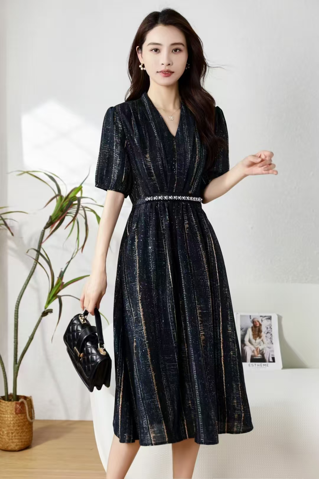 1106流光溢彩裙高端领透气夏季妈妈装连衣裙