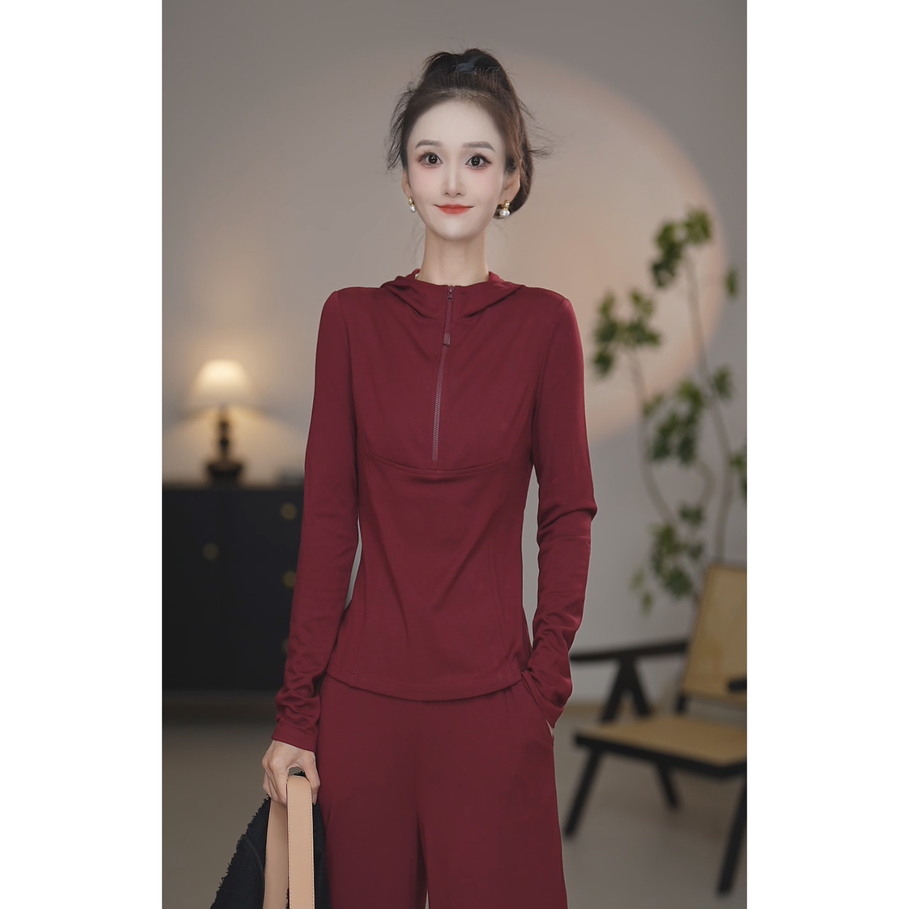 阿玛施【官方正品】25秋冬百搭弹力德绒半拉链戴帽显瘦卫衣5301062