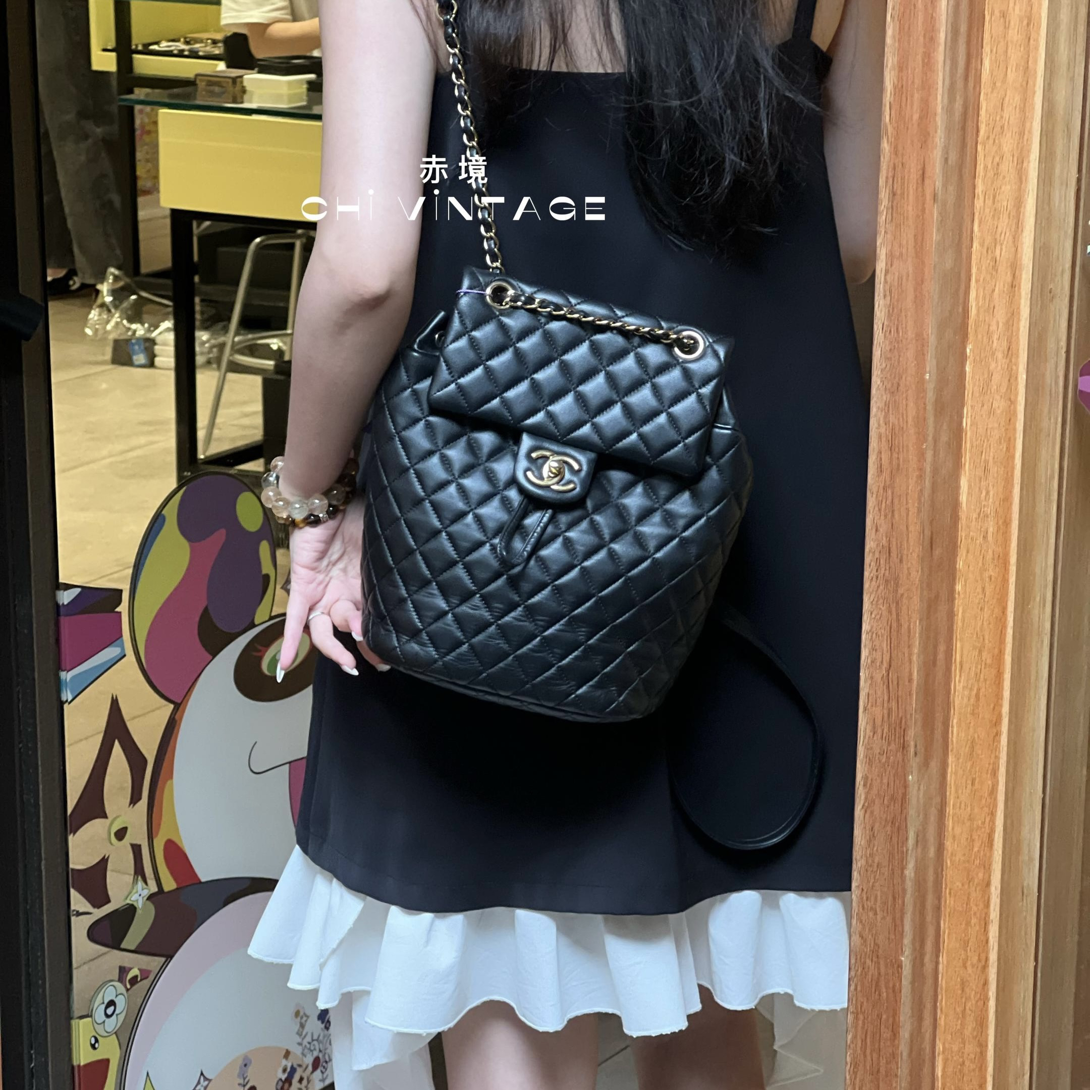 99新 Chanel/香奈儿 4108 黑金菱格纹羊皮小号双肩包17