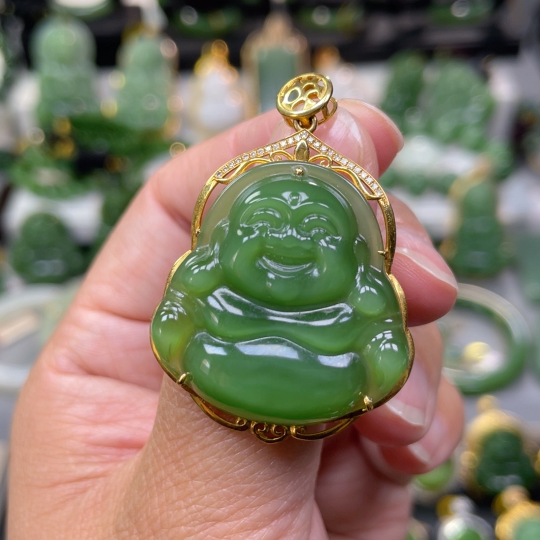 和田玉（碧玉）18K金镶嵌吊坠(不含链)