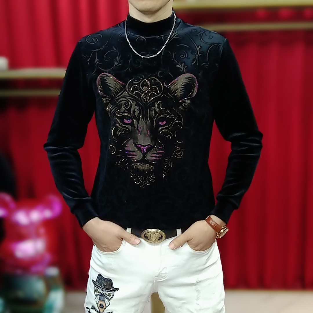 男士秋冬休闲时尚半高领虎头烫钻加绒长袖百搭修身潮流保暖卫衣