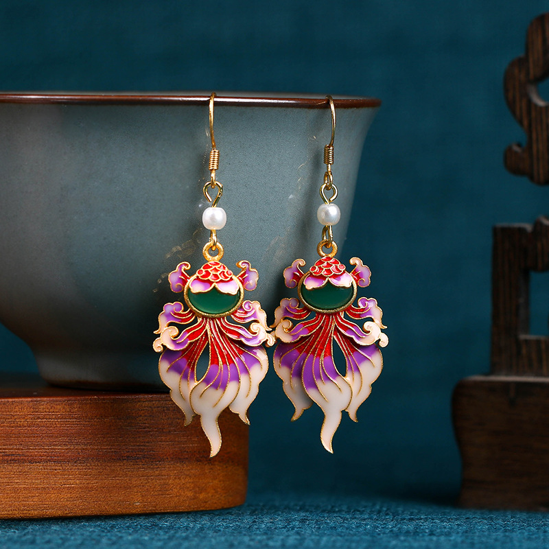铜合金玻璃耳饰 珐琅年年有鱼锦鲤复古女款耳环2025新款耳饰首饰