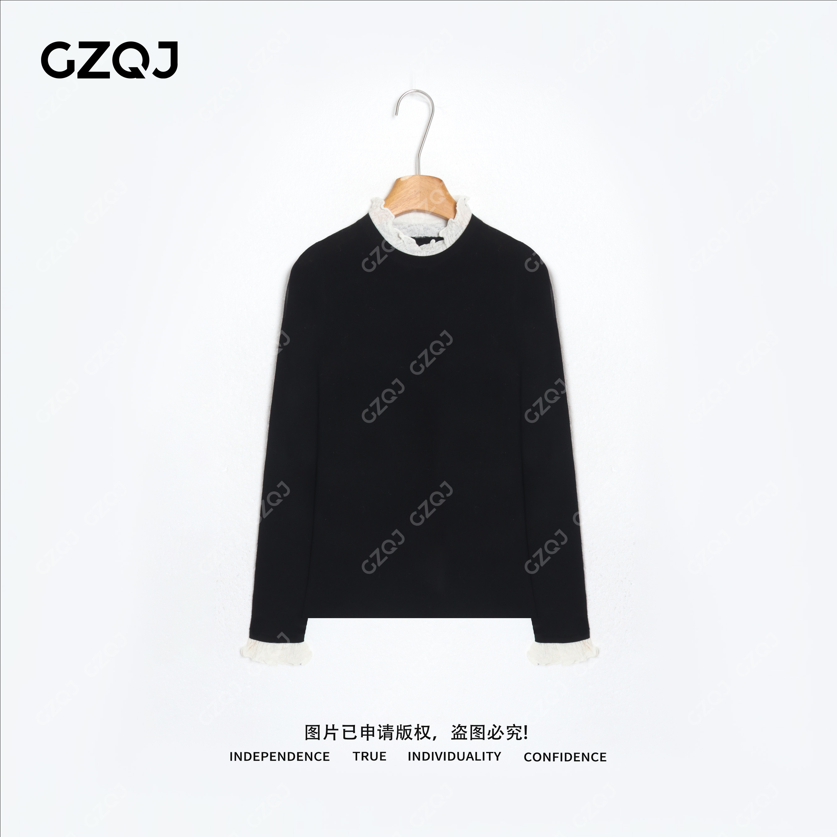 广州琴姐【黑巧蕾丝】绵羊毛冬季新款蕾丝拼接打底针织衫女 78104