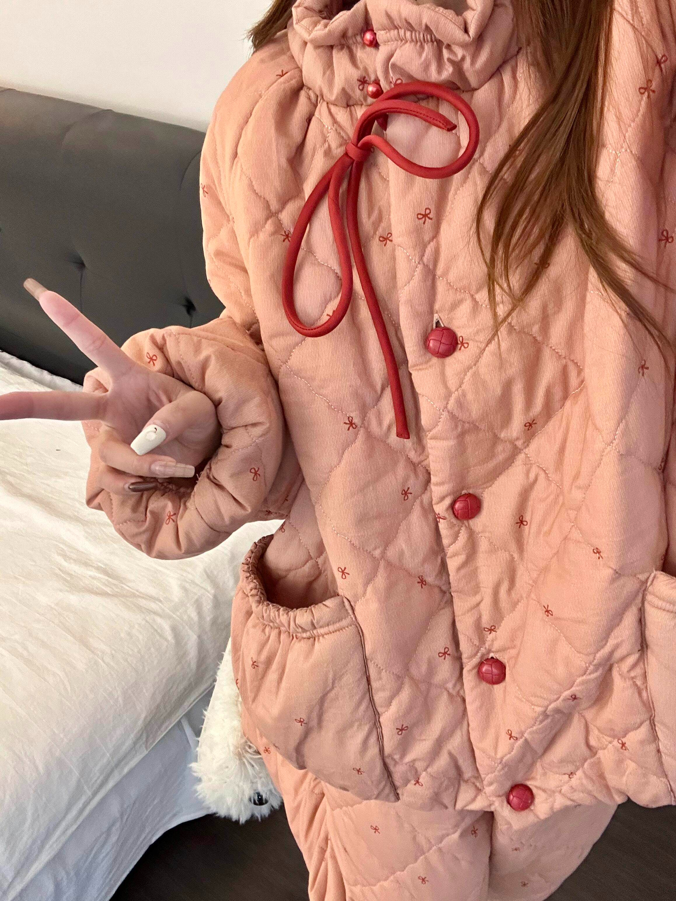 韩系粉杏菱格系带夹棉睡衣女冬季新款加绒加厚保暖家居服套装外穿