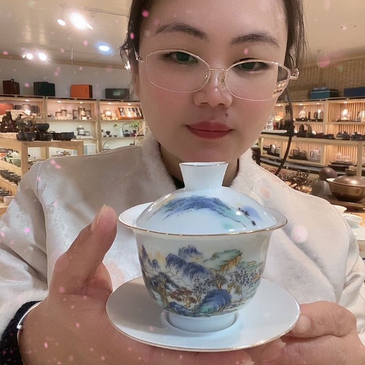 青瓷盖碗山水盖碗