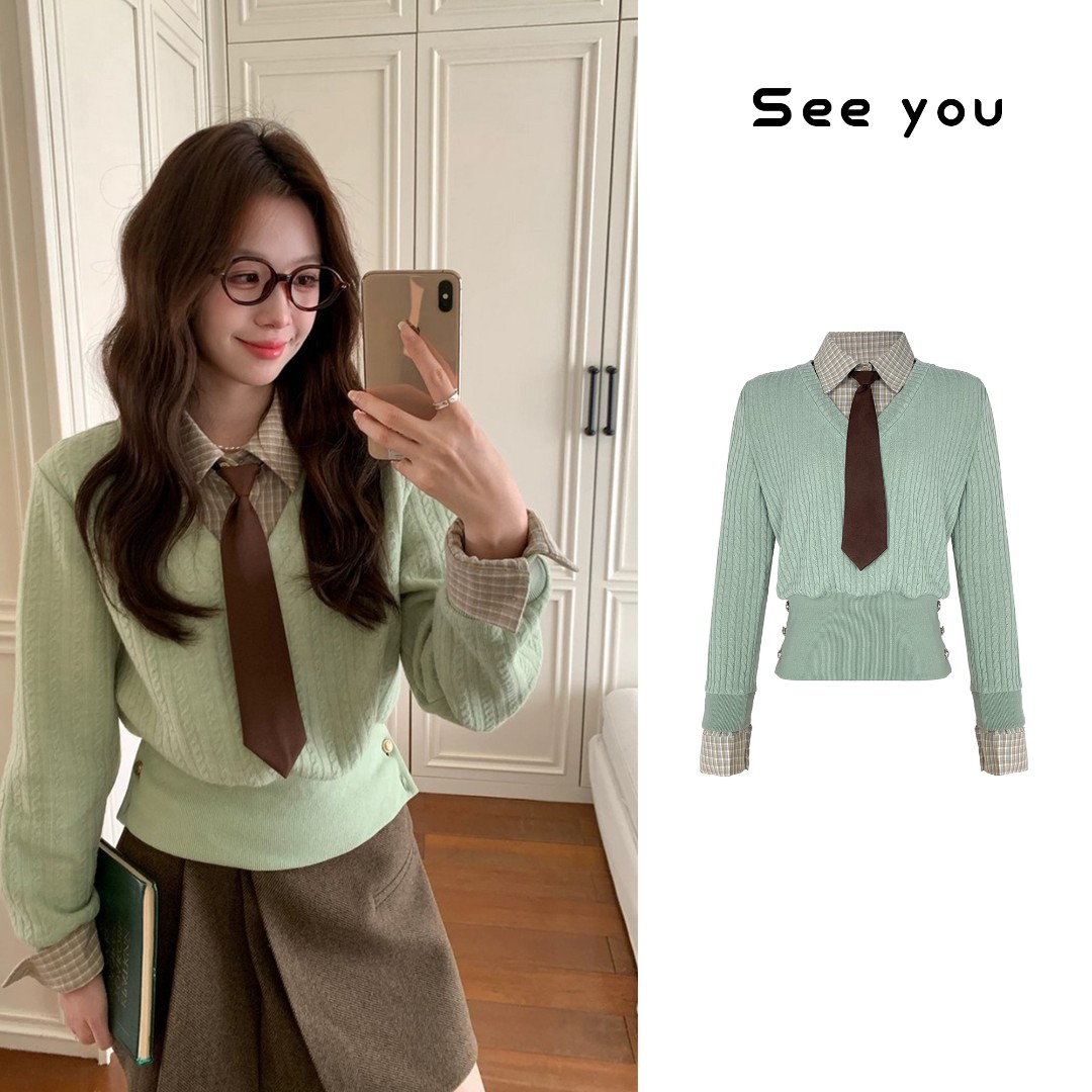 薄荷年糕 韩系套装薄荷绿格纹撞色上衣+咖色百搭半裙M2433+M2445 